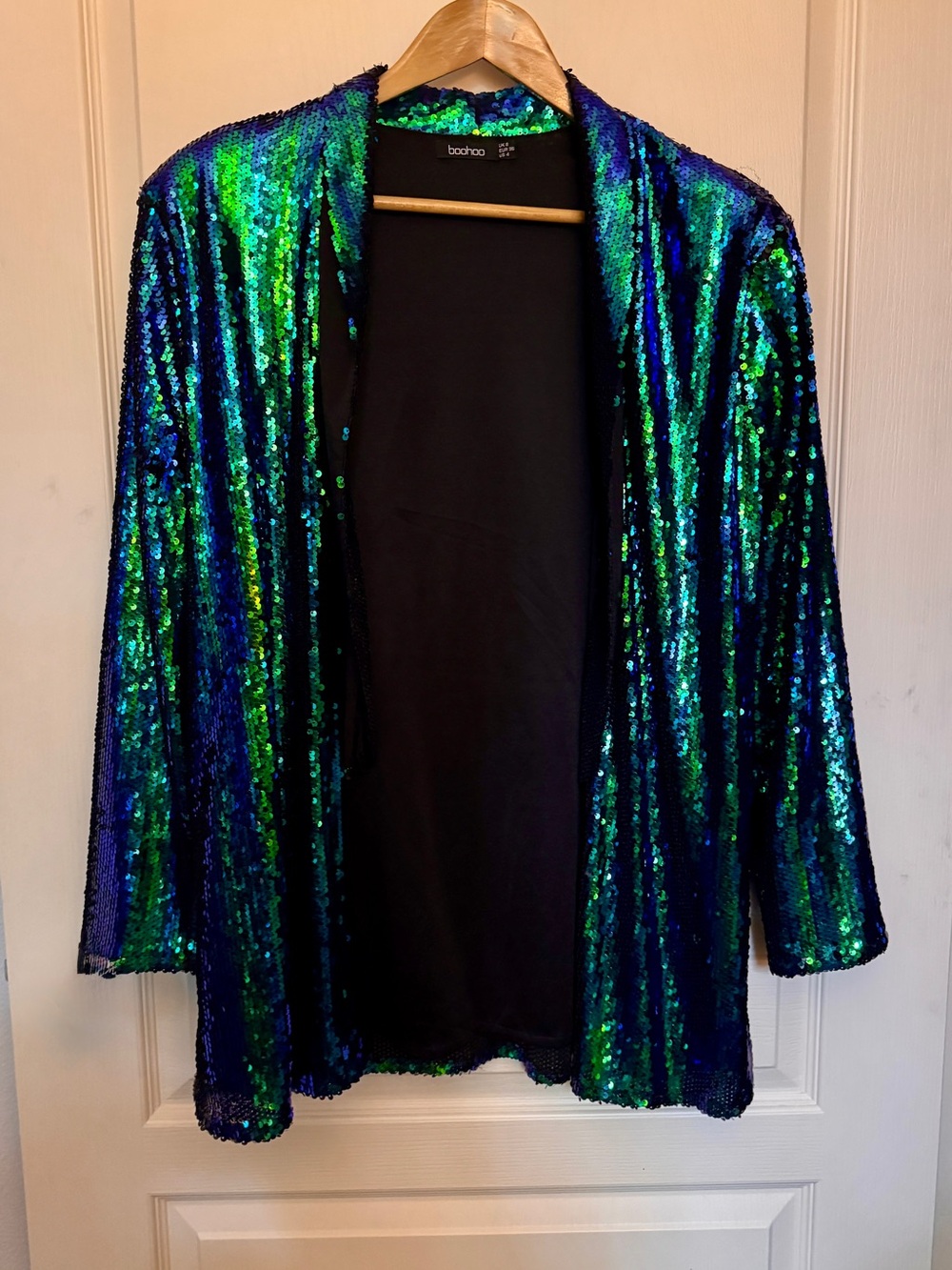 Boohoo Blue and Green Sequin Open-Front Blazer
